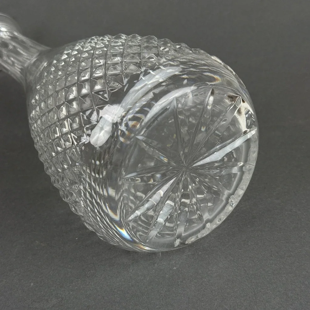 Vintage Pressed Glass Decanter with Stopper Diamond Pattern Star Base 13.5